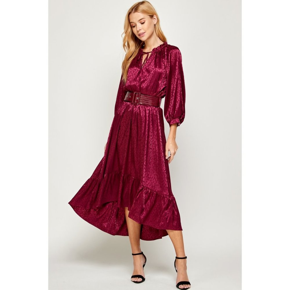 LEOPARD JACQUARD HIGH LOW DRESS BERRY